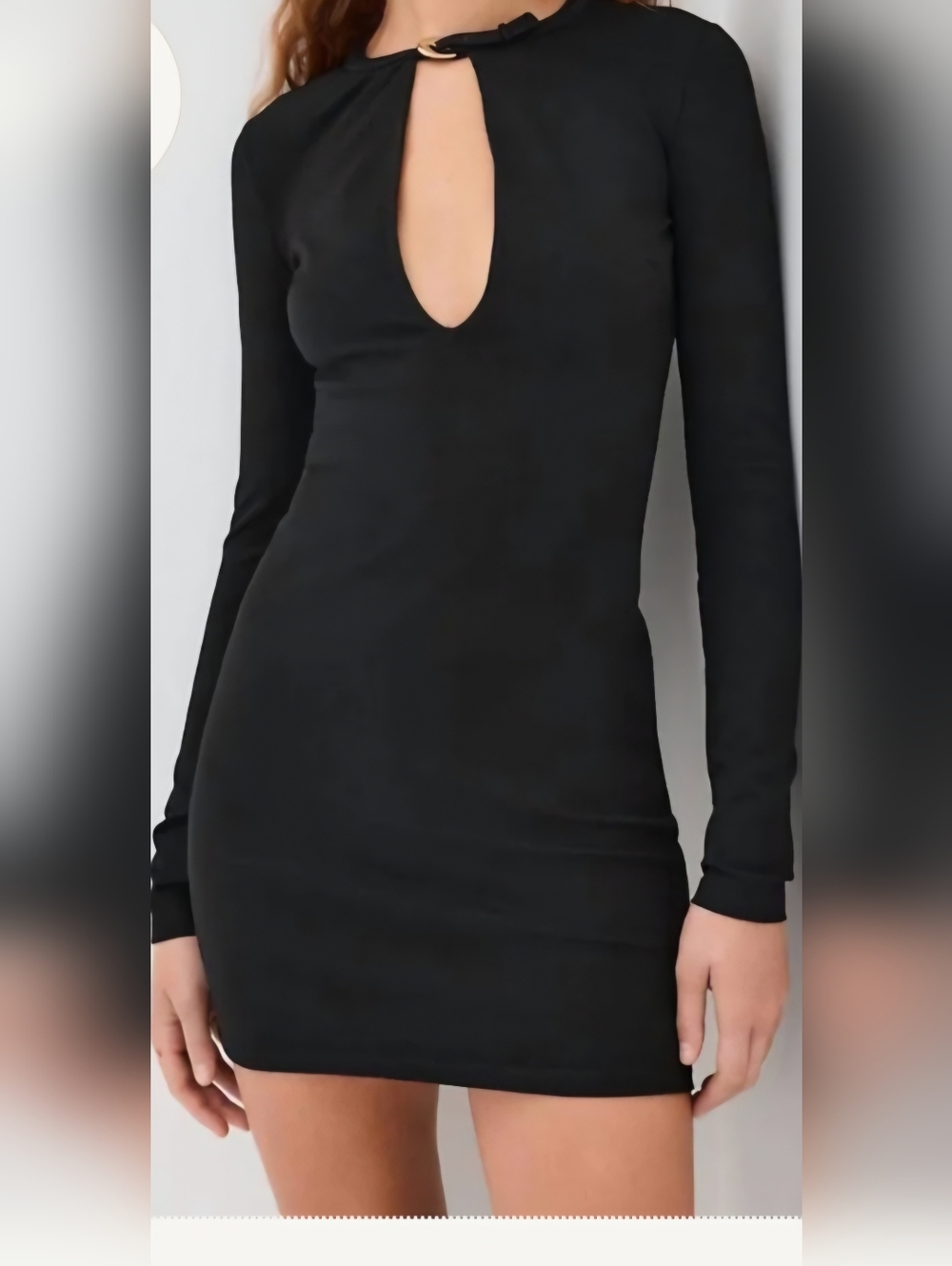 STAUD Black Long-Sleeve Mini Dress with Gold Crescent Detail
